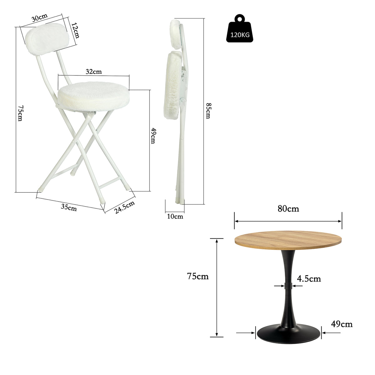 Ensemble de salle à manger de style scandinave comprenant une table ronde en chêne et quatre chaises pliantes blanches