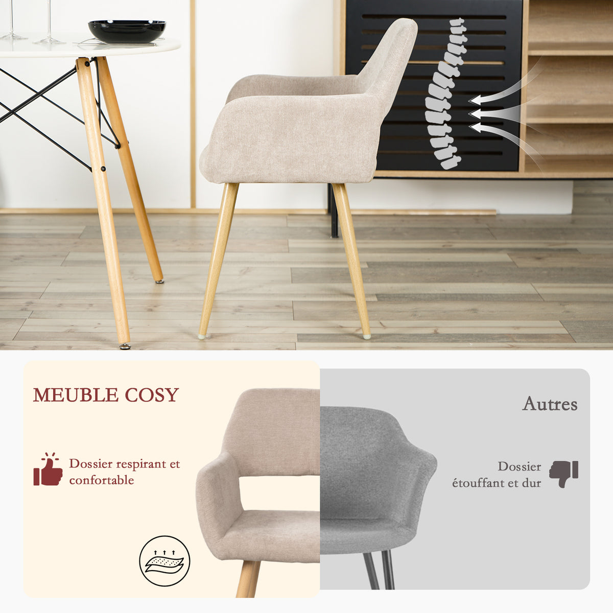 Lot de 6 fauteuils de salle à manger scandinaves avec accoudoirs en tissu beige - CROMWELL