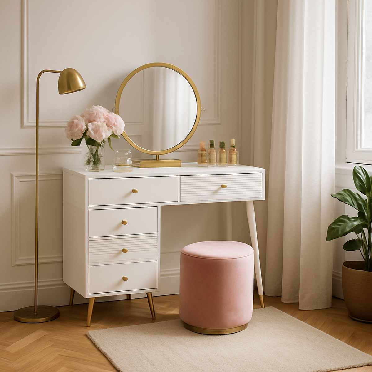 White 4-in-1 dressing table with whole mirror and rotary table mirror, padded stool, integrated storage and 3-color LED lighting, 109x36x164 cm