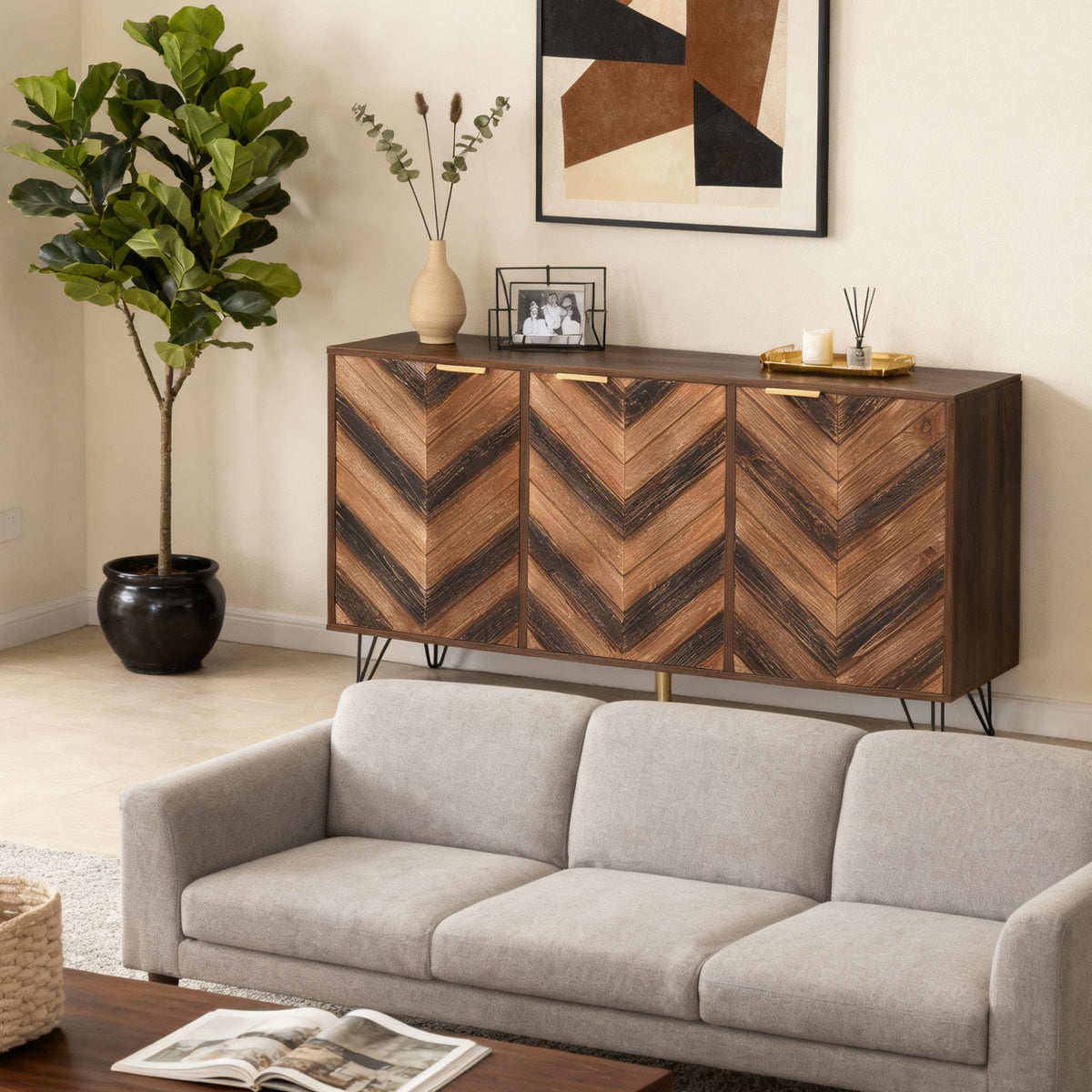 Sideboard exclusif 120x38x76,5 cm à 3 portes en placage de bois massif, griffes dorées et pieds en fer, idéal pour salon et salle à manger