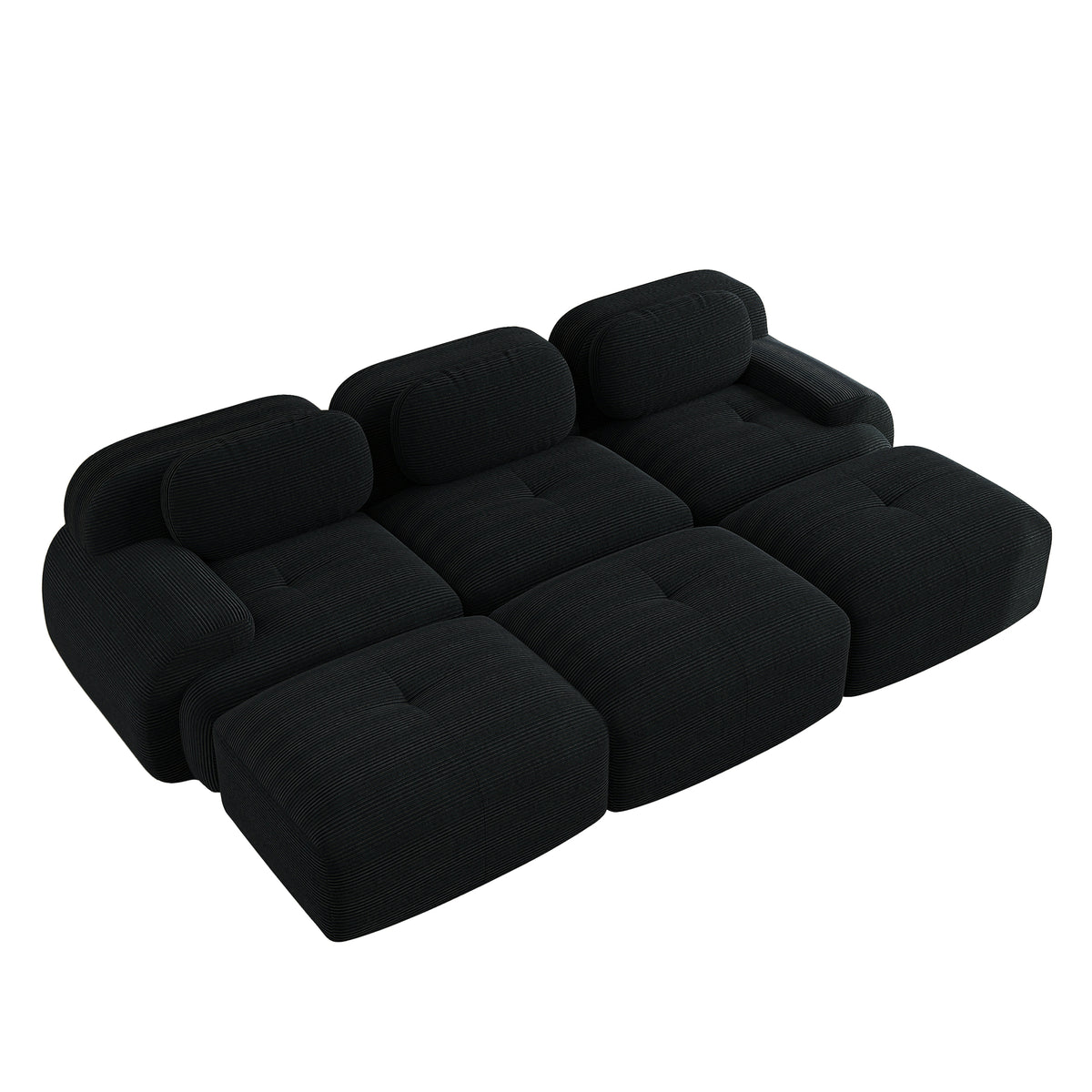 Ensemble de canapés avec accoudoirs incurvés et base antidérapante en tissu velours côtelé doux pour le salon, noir, siège 3 + tabouret 3