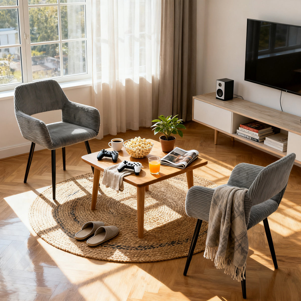 Set of 6 Scandinavian dining room armchairs with gray velvet armrests - Cromwell Corduroy