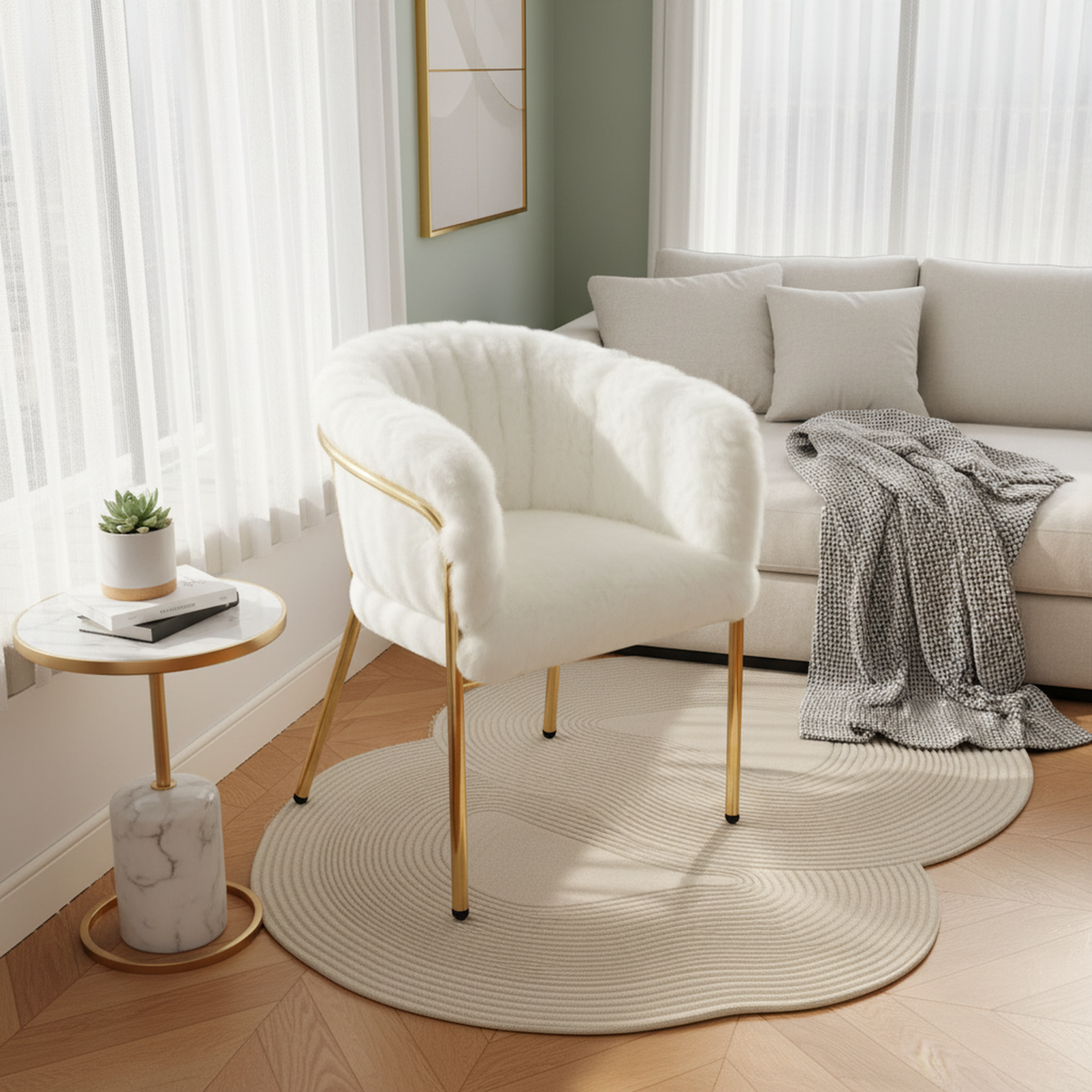 Lot de 2 chaise de loisirs individuelle en imitation de velours de lapin Chaise élégante à quatre pieds en métal beige pour salon chambre à coucher et salle à manger