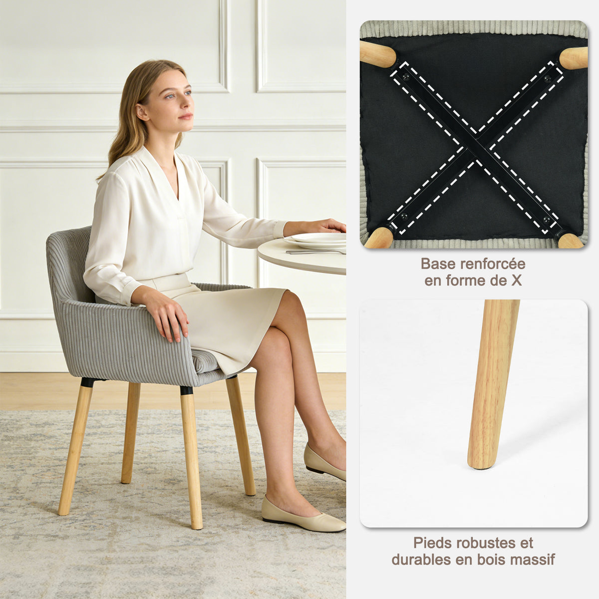 Lot de 6 chaises de salle à manger de style scandinave avec pieds en bois et accoudoirs en velours côtelé gris - ELIA