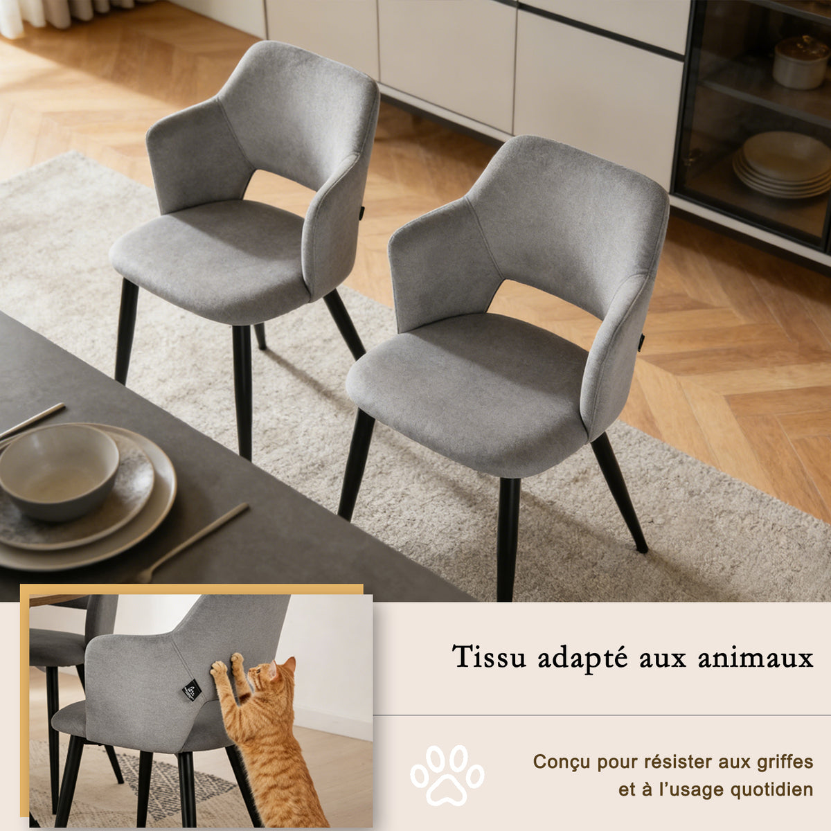 Ensemble de salle à manger de style scandinave composé d'une table ronde en chêne et de 2 fauteuils en tissu gris