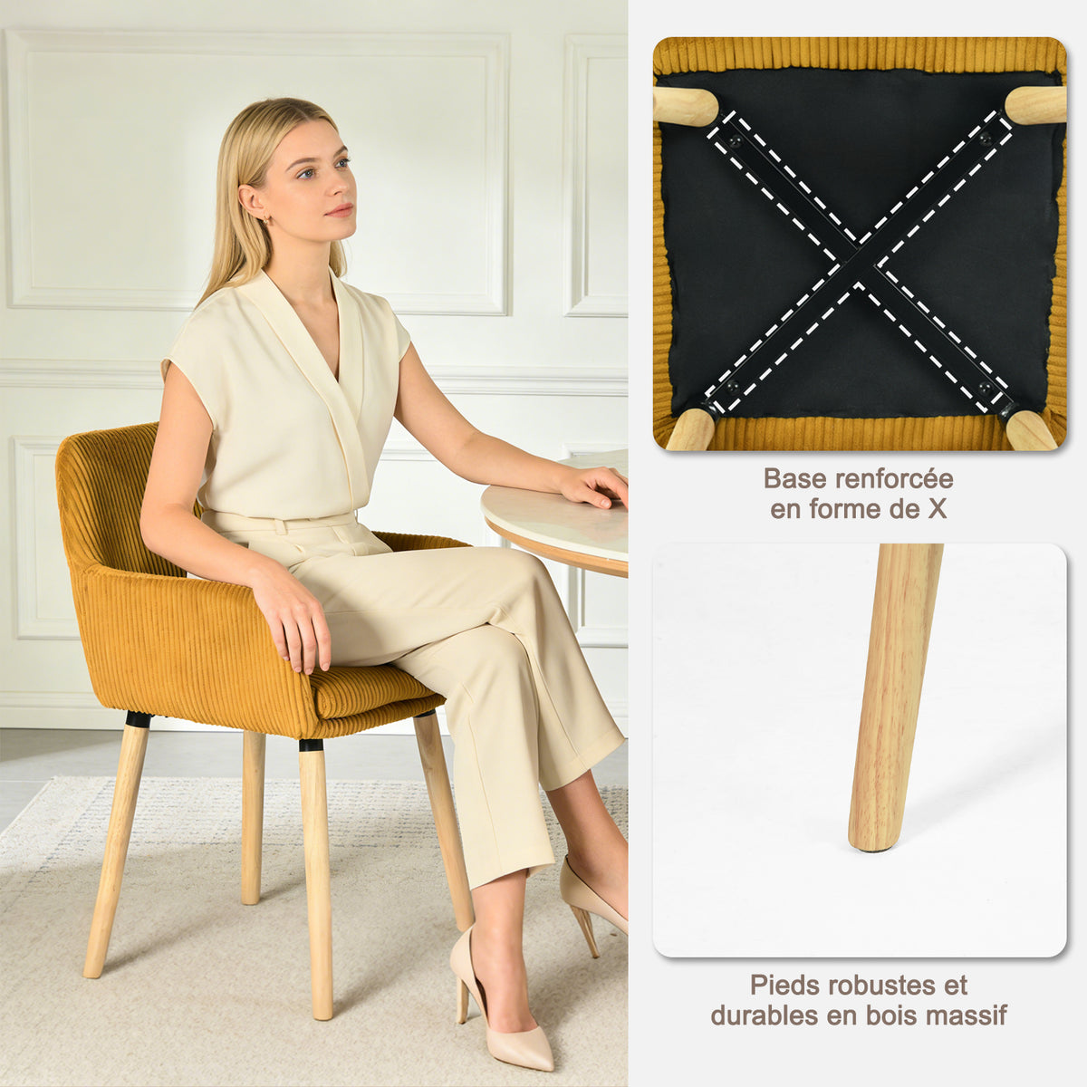 Lot de 2 chaises de salle à manger de style scandinave avec pieds en bois et accoudoirs en velours côtelé jaune - ELIA