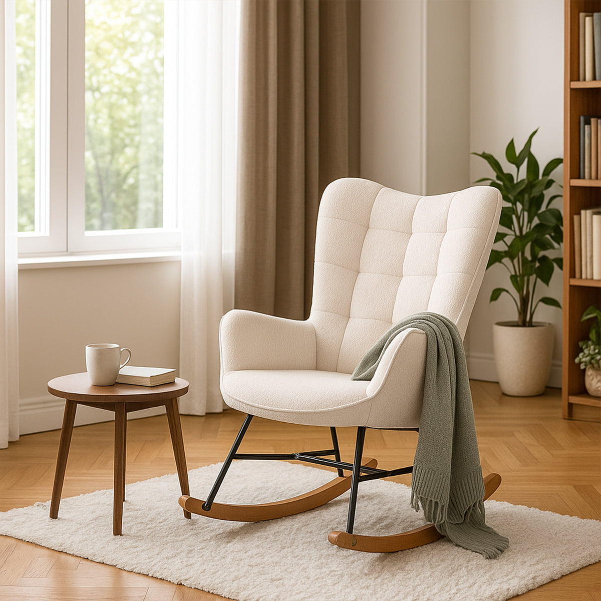 Fauteuil à bascule allaitement scandinave avec accoudoirs en tissu mouton bouclette beige à surpiqûres - FUNKEL