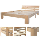 Lit double 140x200 cm en bois massif de pin naturel avec sommier à lattes et tête de lit, structure robuste et design intemporel, sans matelas.