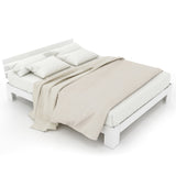 Lit double 140x200 cm en bois massif de pin blanc avec sommier à lattes et tête de lit, design rustique et compact (sans matelas)