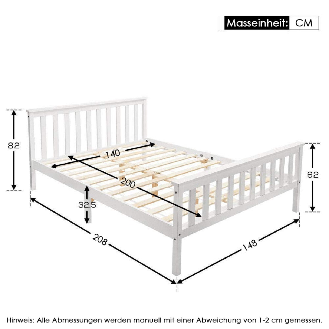 Double bed 140x200 cm in solid white pine wood with slatted box spring - robust and elegant design for adults and children (without mattresses)