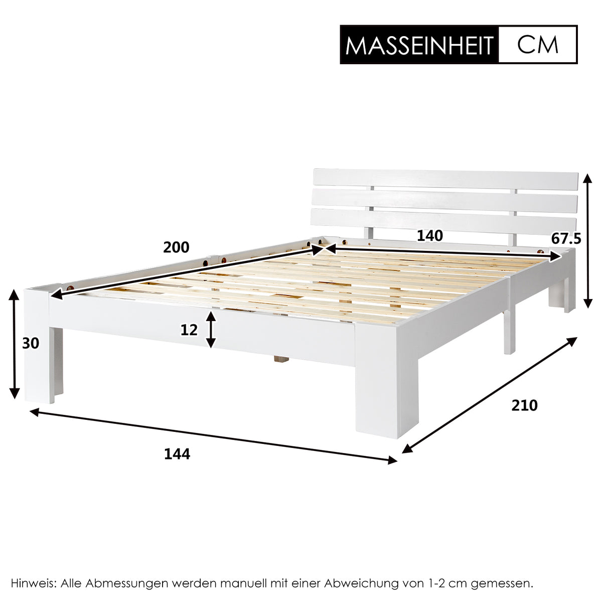 Lit double 140x200 cm en bois massif de pin blanc avec sommier à lattes et tête de lit, design rustique et compact (sans matelas)