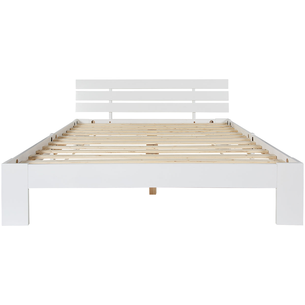 Lit double 140x200 cm en bois massif de pin blanc avec sommier à lattes et tête de lit, design rustique et compact (sans matelas)