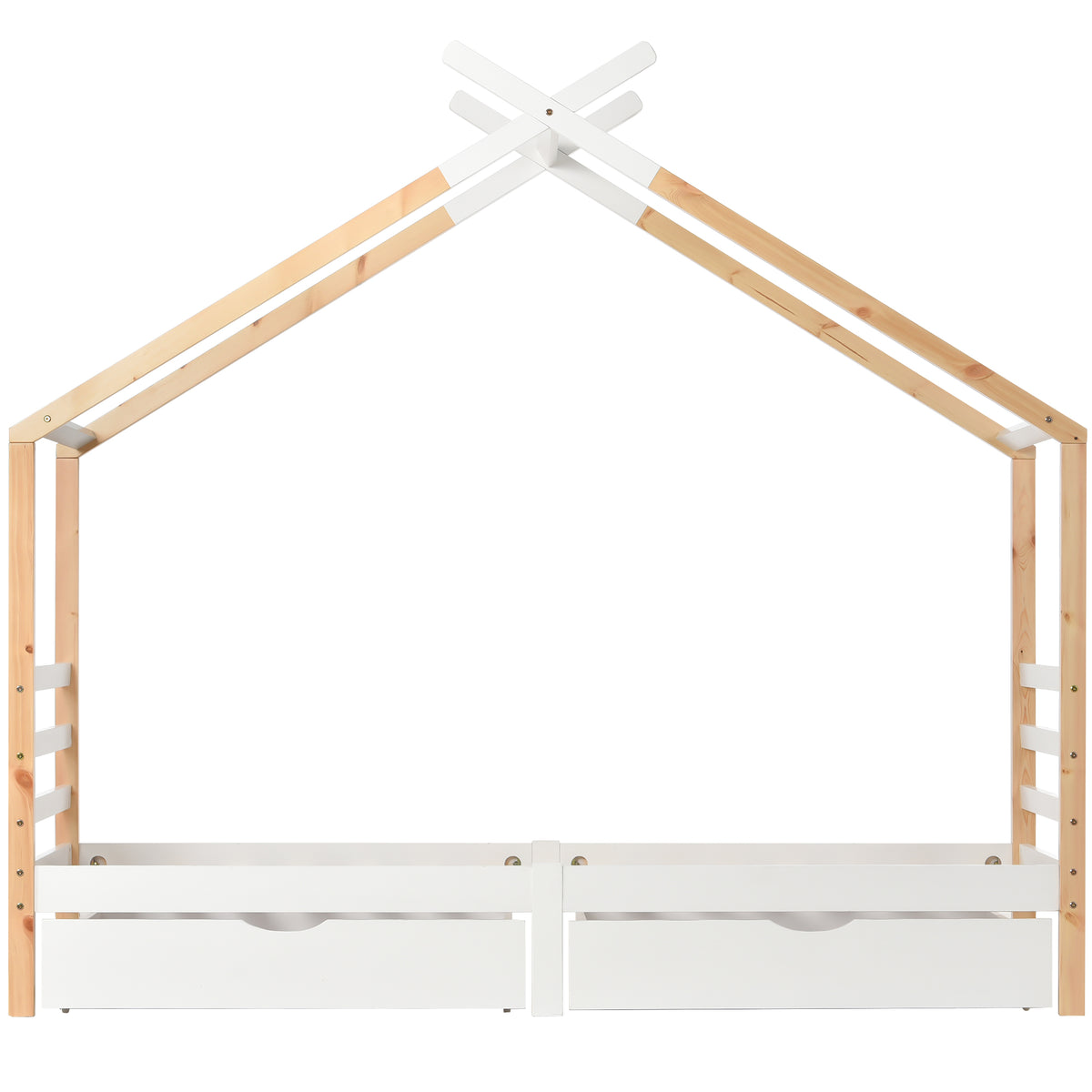 Children's cabin 90x200 cm white and solid wood wood with slatted base and 2 storage drawers (without mattresses)