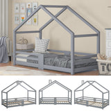 Lit cabane enfant 90x200 cm bois massif gris avec barrière anti-chute et sommier à lattes