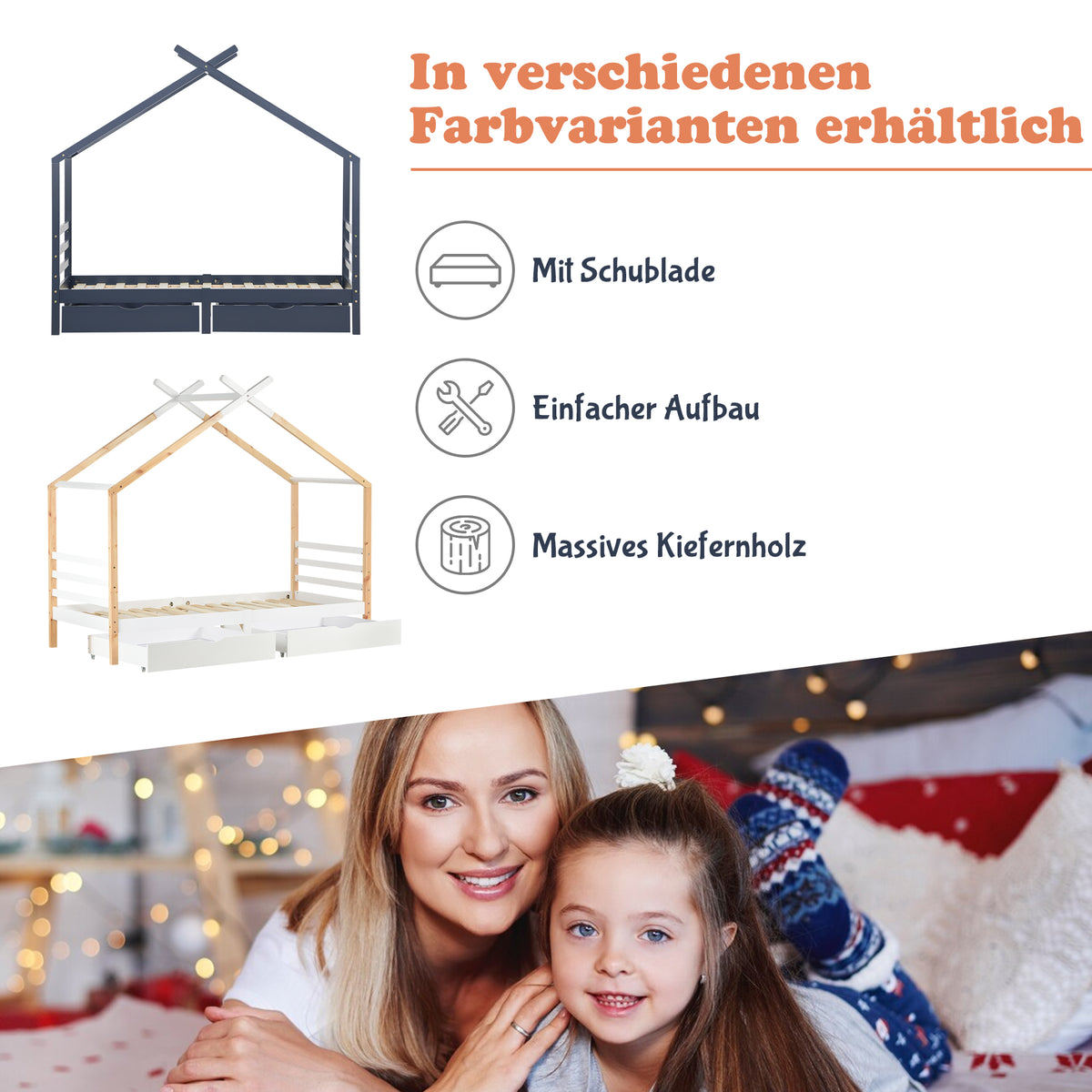 Children's cabin 90x200 cm white and solid wood wood with slatted base and 2 storage drawers (without mattresses)