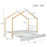 Children's cabin 90x200 cm white and solid wood wood with slatted base and 2 storage drawers (without mattresses)