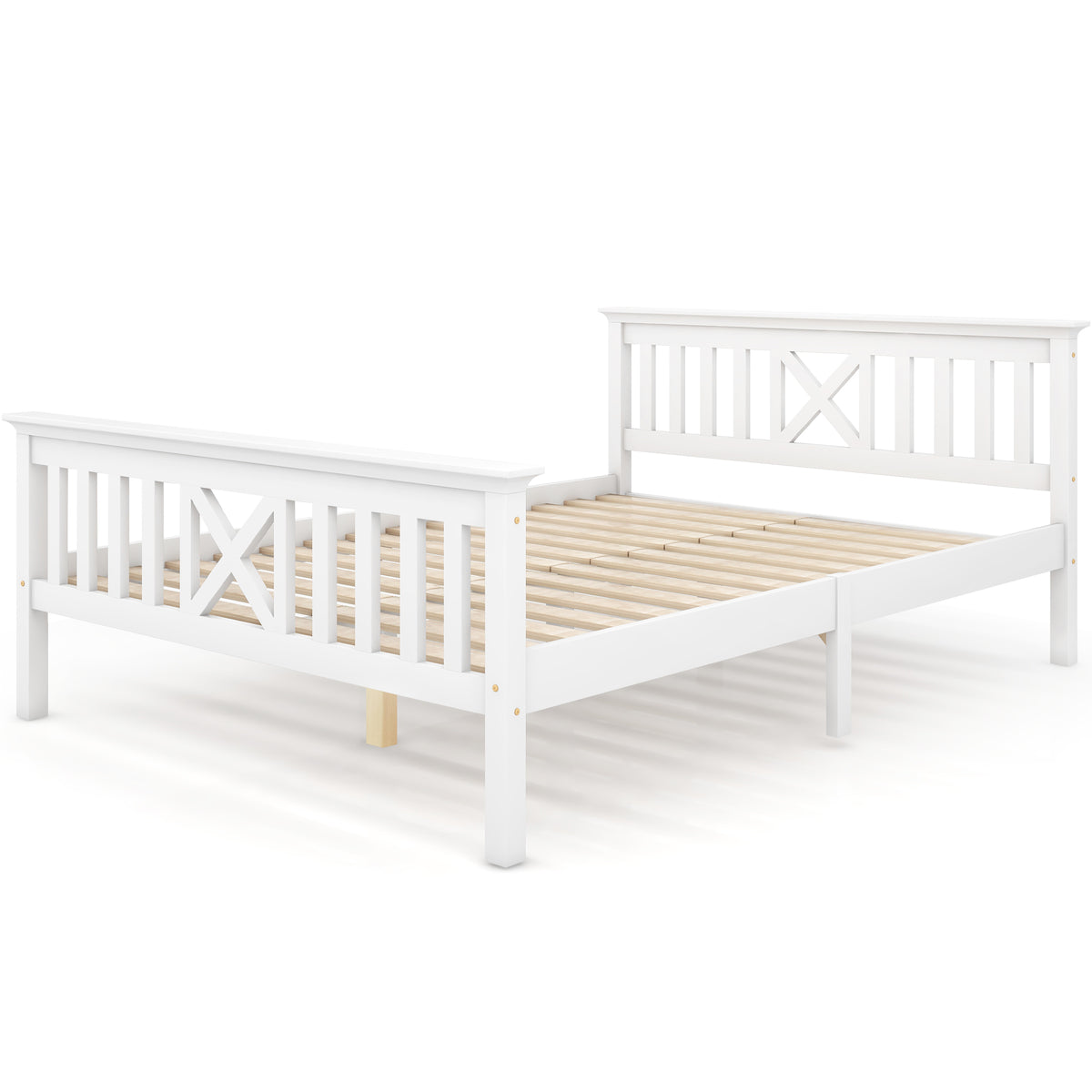 Lit double 140x200 cm blanc en bois massif de pin avec sommier à lattes et tête de lit (sans matelas)