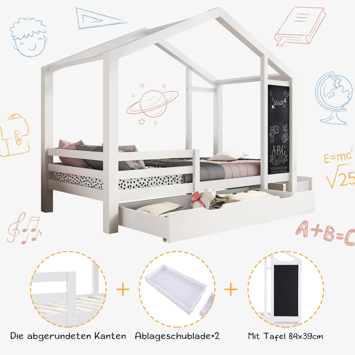 Lit cabane enfant 90×200 cm en bois massif blanc avec tableau, 2 tiroirs, sommier à lattes et barrières de sécurité (sans matelas)