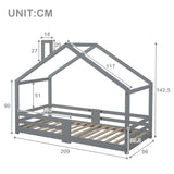 Lit cabane enfant 90x200 cm bois massif gris avec barrière anti-chute et sommier à lattes