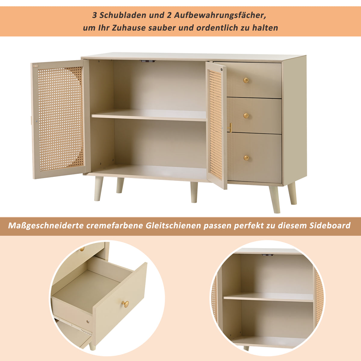 Buffet de salon et salle à manger en blanc cassé avec portes en rotin et 3 tiroirs, meuble de rangement moderne 120 cm de large