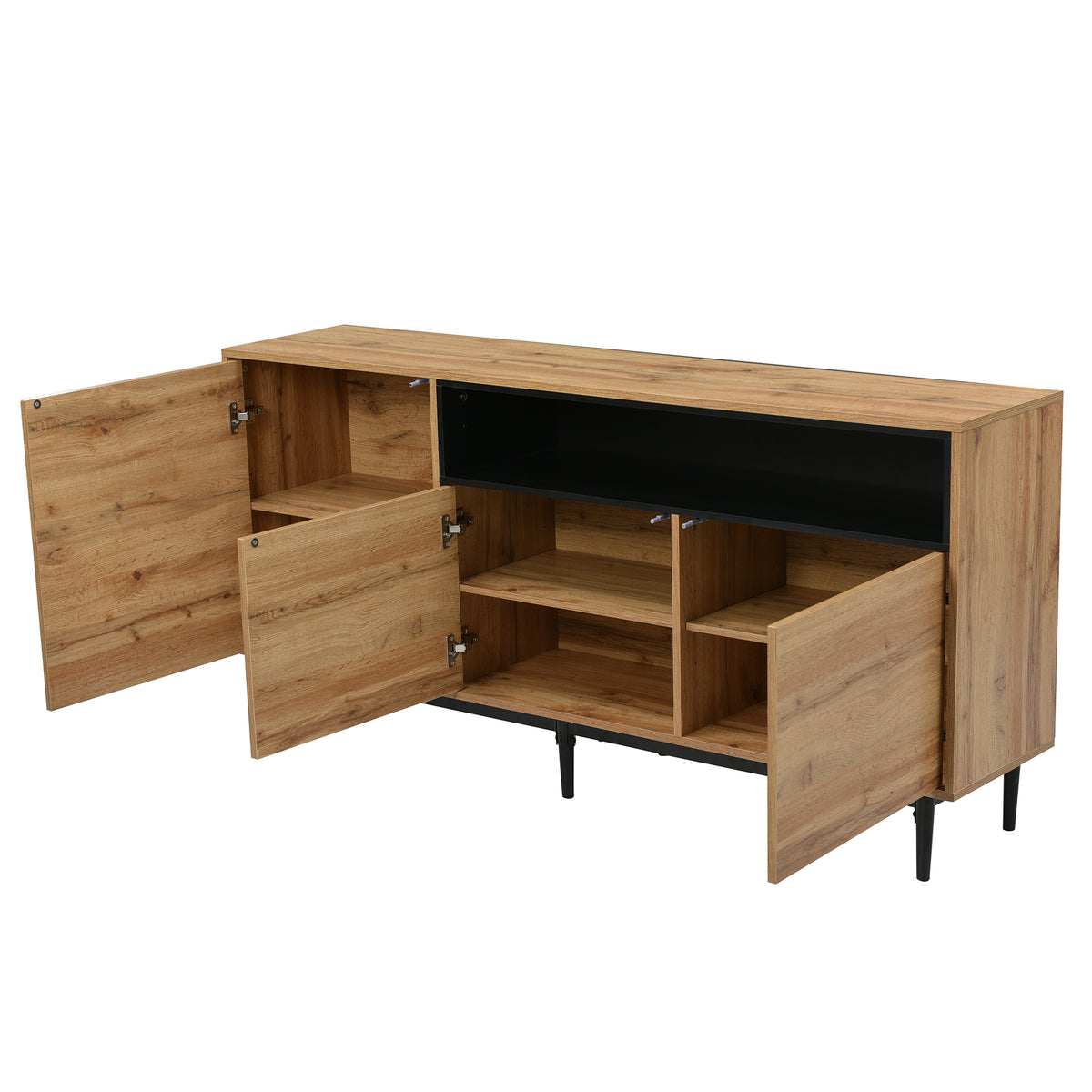 Modern low buffet 160 cm in natural wood with 3 doors, adjustable shelves and black feet - 160 x 35 x 76 cm