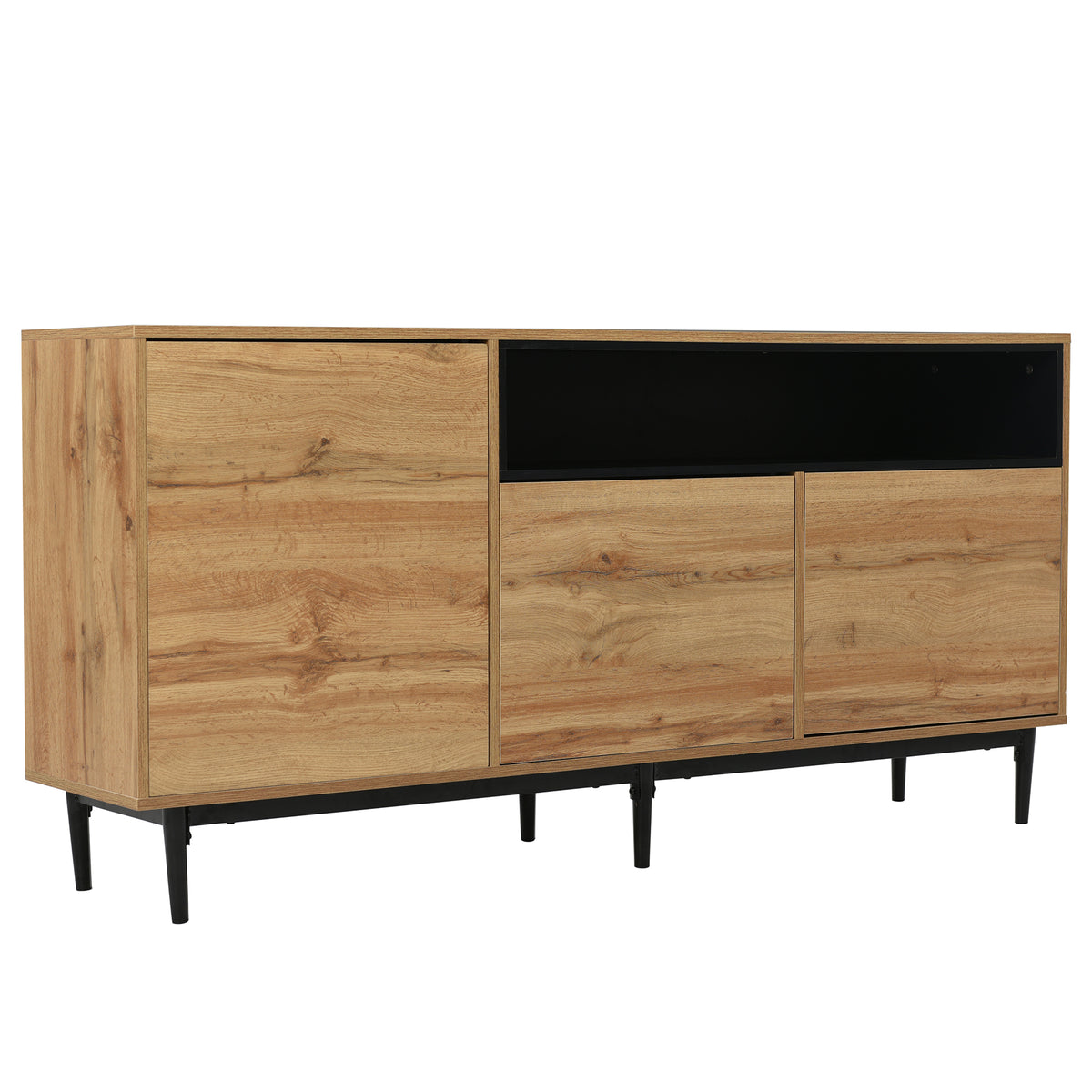 Modern low buffet 160 cm in natural wood with 3 doors, adjustable shelves and black feet - 160 x 35 x 76 cm