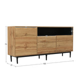 Modern low buffet 160 cm in natural wood with 3 doors, adjustable shelves and black feet - 160 x 35 x 76 cm