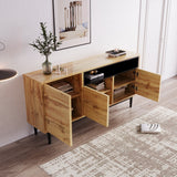 Modern low buffet 160 cm in natural wood with 3 doors, adjustable shelves and black feet - 160 x 35 x 76 cm