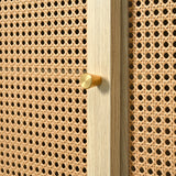 Retro-Sideboard aus Eichenholz mit 3 Schubladen, 3 Rattan-Schiebetüren und verstellbaren Regalen – 120 x 40 x 78 cm