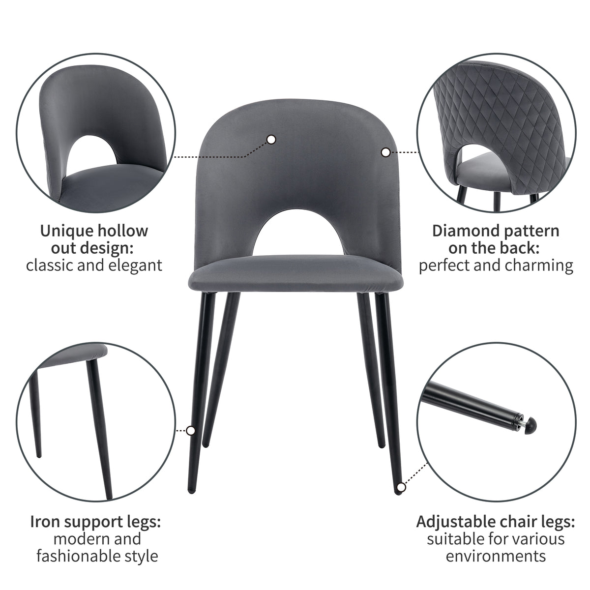 Lot de 2 chaises de salle à manger en velours gris avec dossier à motif diamant, pieds en métal réglables et assise rembourrée