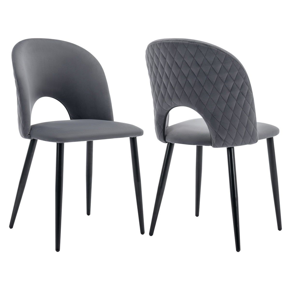 Lot de 2 chaises de salle à manger en velours gris avec dossier à motif diamant, pieds en métal réglables et assise rembourrée