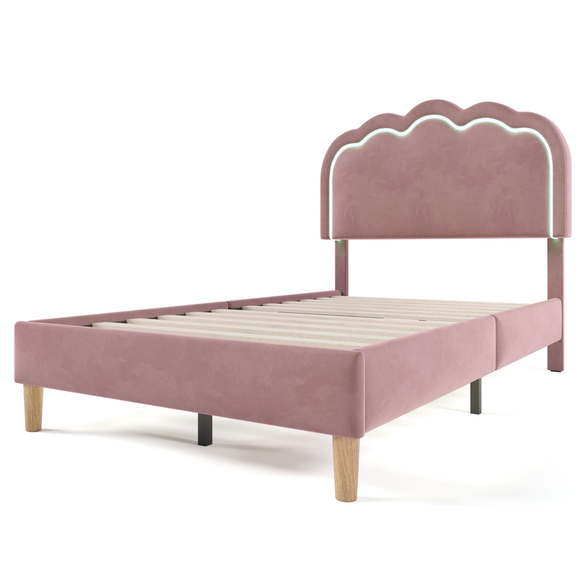 Gepolstertes Kinderbett 90×200 cm mit LED, in rosa Samt mit verstellbarem Kopfteil und Lattenrost (ohne Matratze)