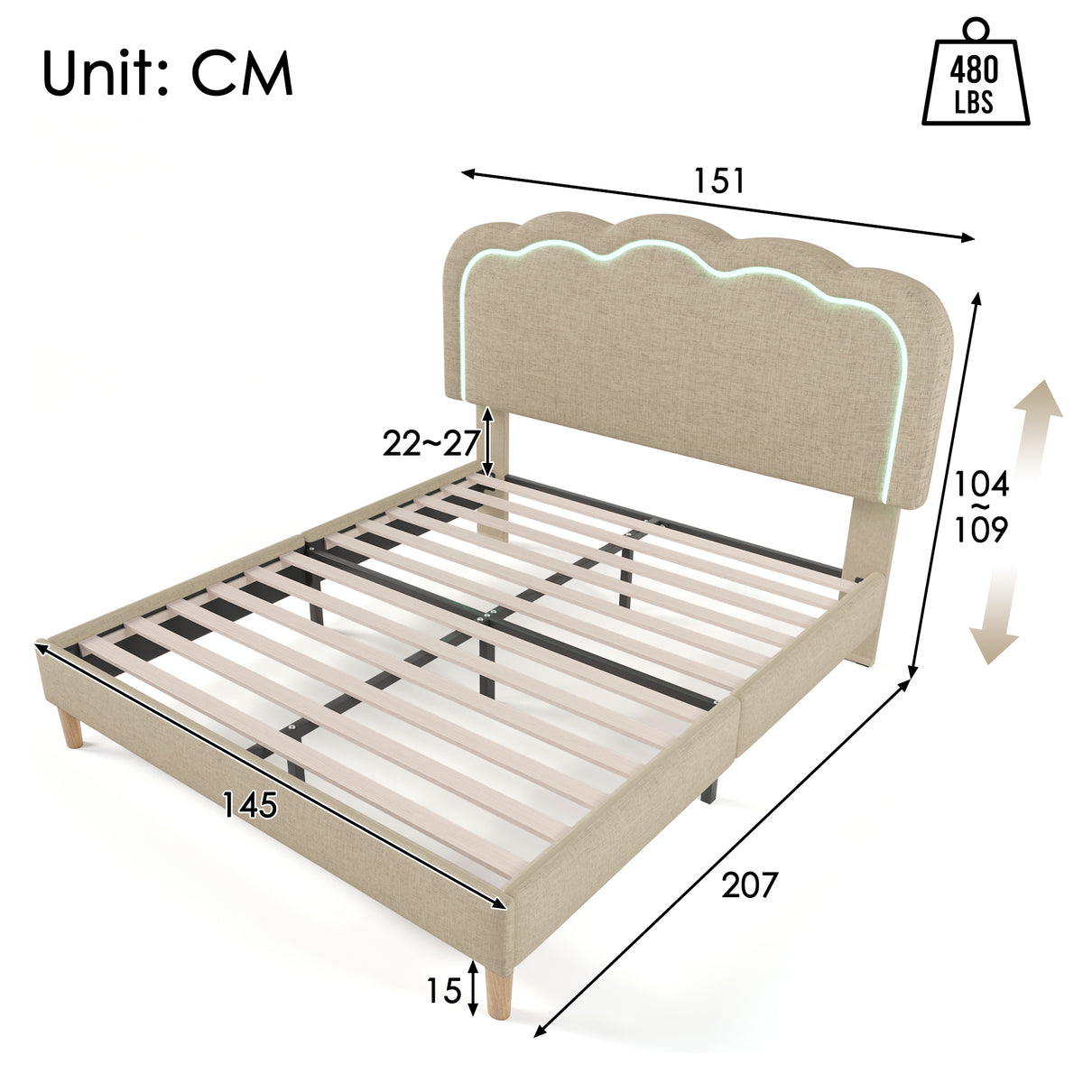 Lit double rembourré LED 140×200 cm en lin beige avec tête de lit réglable et sommier à lattes (sans matelas)