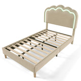 Verpacktes Kinderbett 90 × 200 cm mit LED, in Beige -Leinen mit einstellbarem Kopfteil und Schleiferbasis (ohne Matratzen)