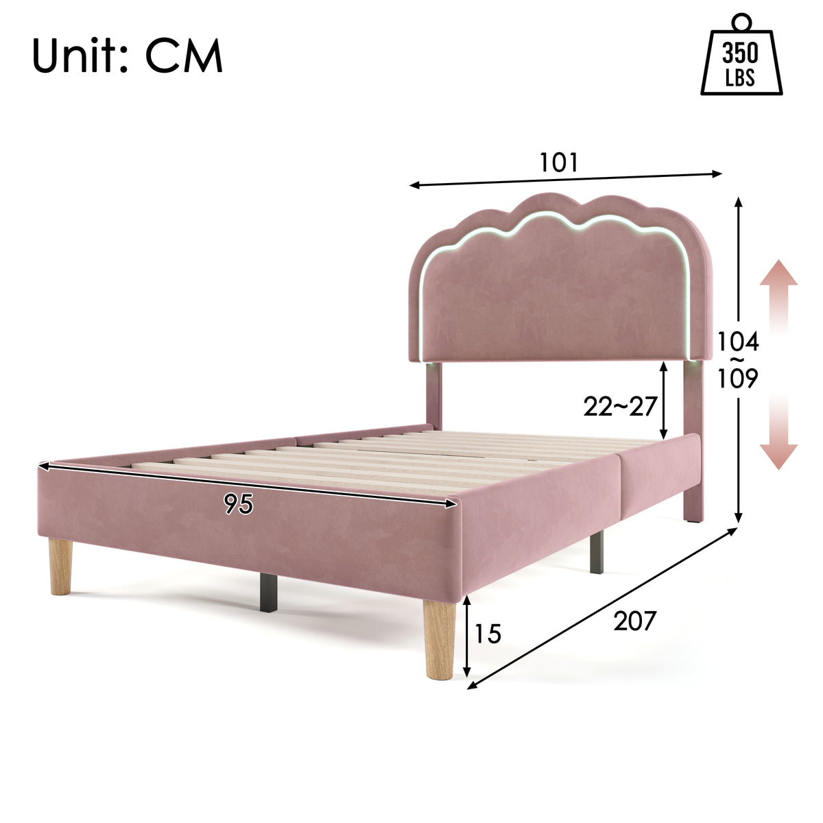 Gepolstertes Kinderbett 90×200 cm mit LED, in rosa Samt mit verstellbarem Kopfteil und Lattenrost (ohne Matratze)