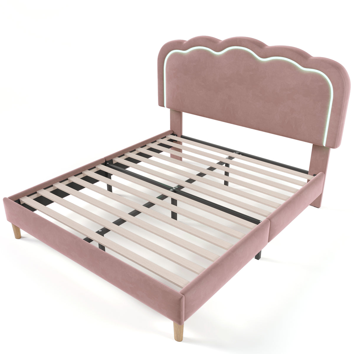 Lit double rembourré LED 140×200 cm en velours rose avec tête de lit réglable et sommier à lattes (sans matelas)
