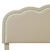 Verpacktes Kinderbett 90 × 200 cm mit LED, in Beige -Leinen mit einstellbarem Kopfteil und Schleiferbasis (ohne Matratzen)