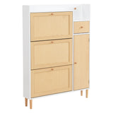 Meuble à chaussures en bois et rotin 90x17x125 cm avec 3 portes basculantes, 1 tiroir et pieds en bois massif, idéal pour entrée étroite et petits espaces