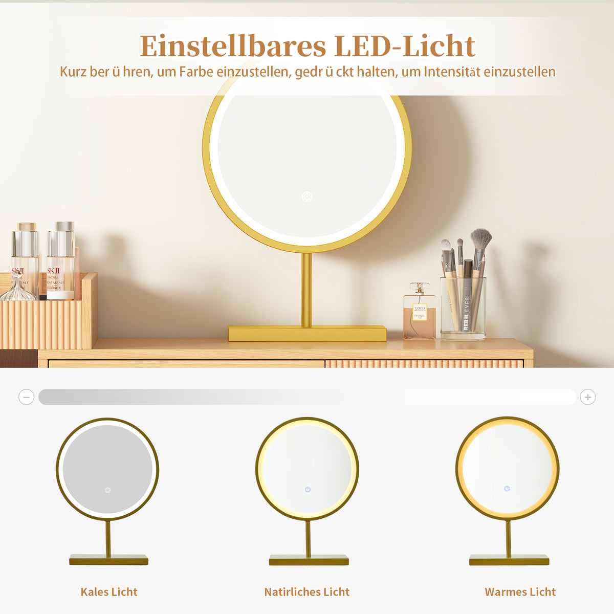 Modern hairdresser with 3 -light LED mirror, large storage space and side glass cabinet, 120x40x90 cm