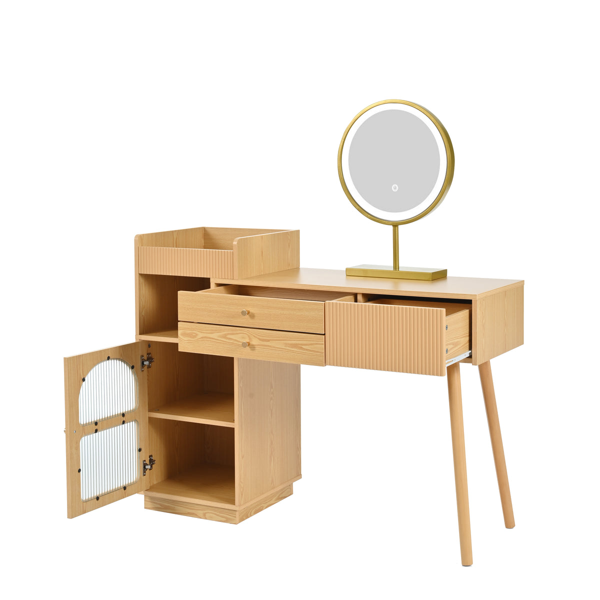 Modern hairdresser with 3 -light LED mirror, large storage space and side glass cabinet, 120x40x90 cm