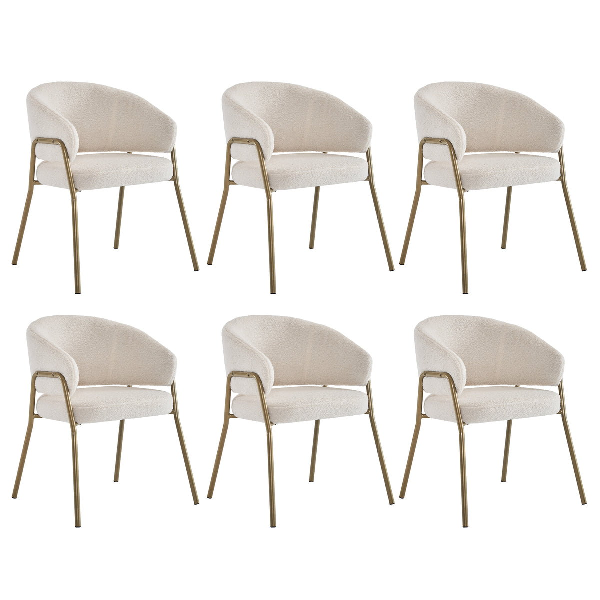 Lot de 6 chaises de salle à manger modernes en tissu effet laine blanche avec pieds dorés
