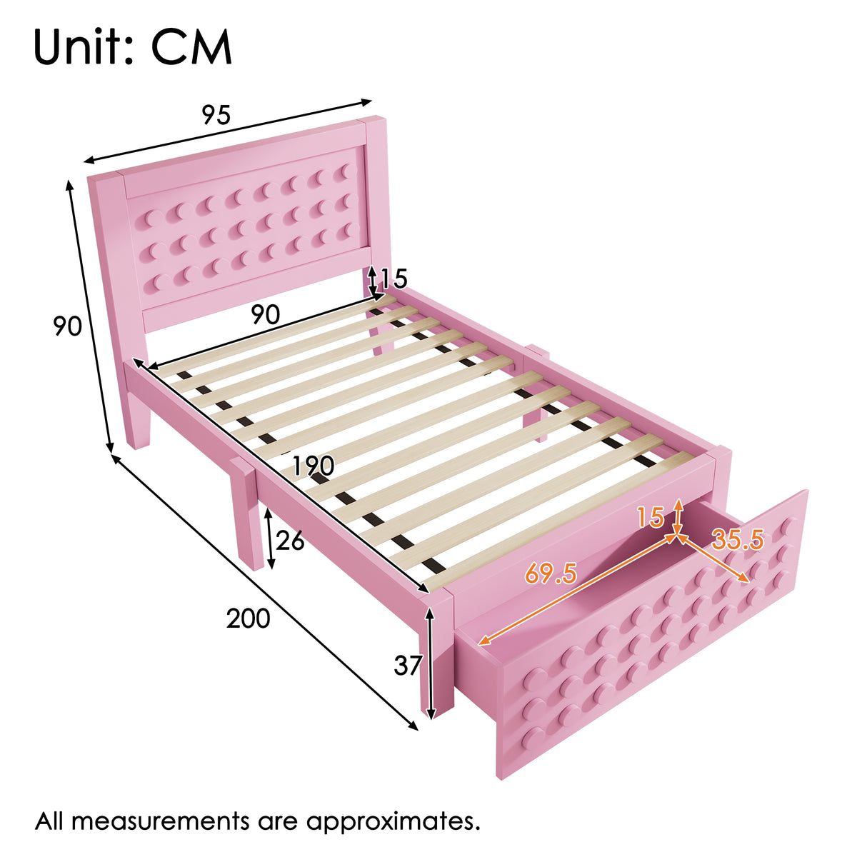 Pink child bed 90x190 cm with storage drawer and creative design in blocks, solid wood frame