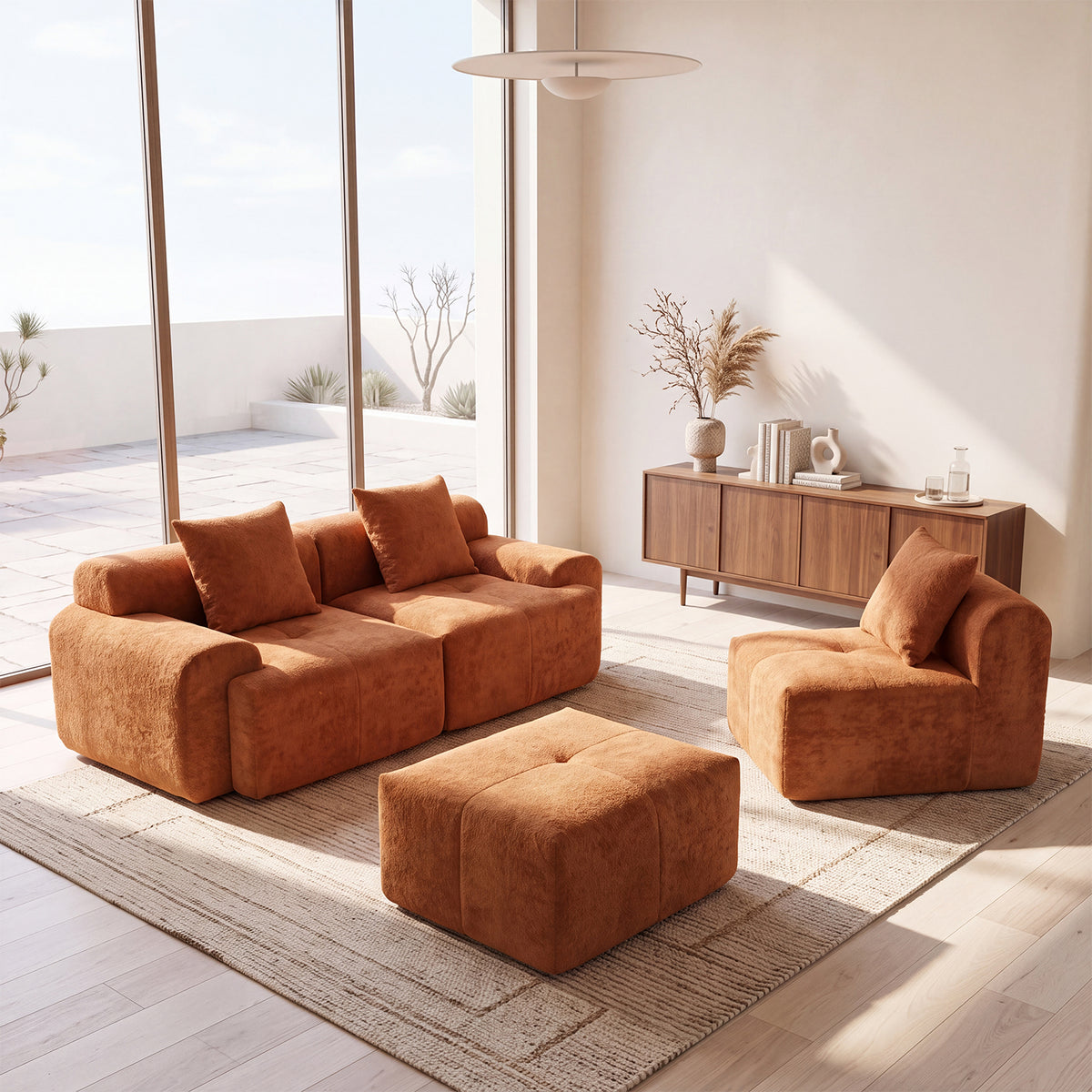Canapé d’angle modulaire orange 3 places avec pouf