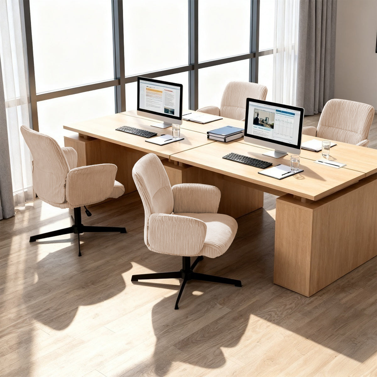 Fauteuil de bureau ergonomique pivotant et réglable avec accoudoirs en velours côtelé beige - THOMASINA