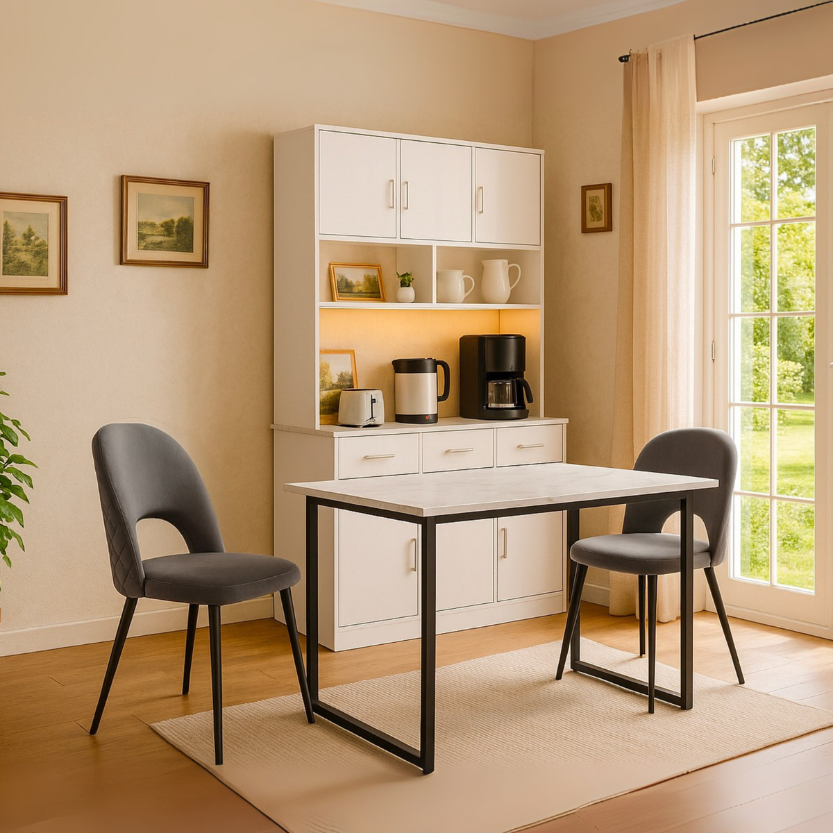 Ausziehbarer Esstisch 140/180 x 80 x 75 cm mit MDF-Platte in weißem Marmoreffekt und schwarzen Metallbeinen