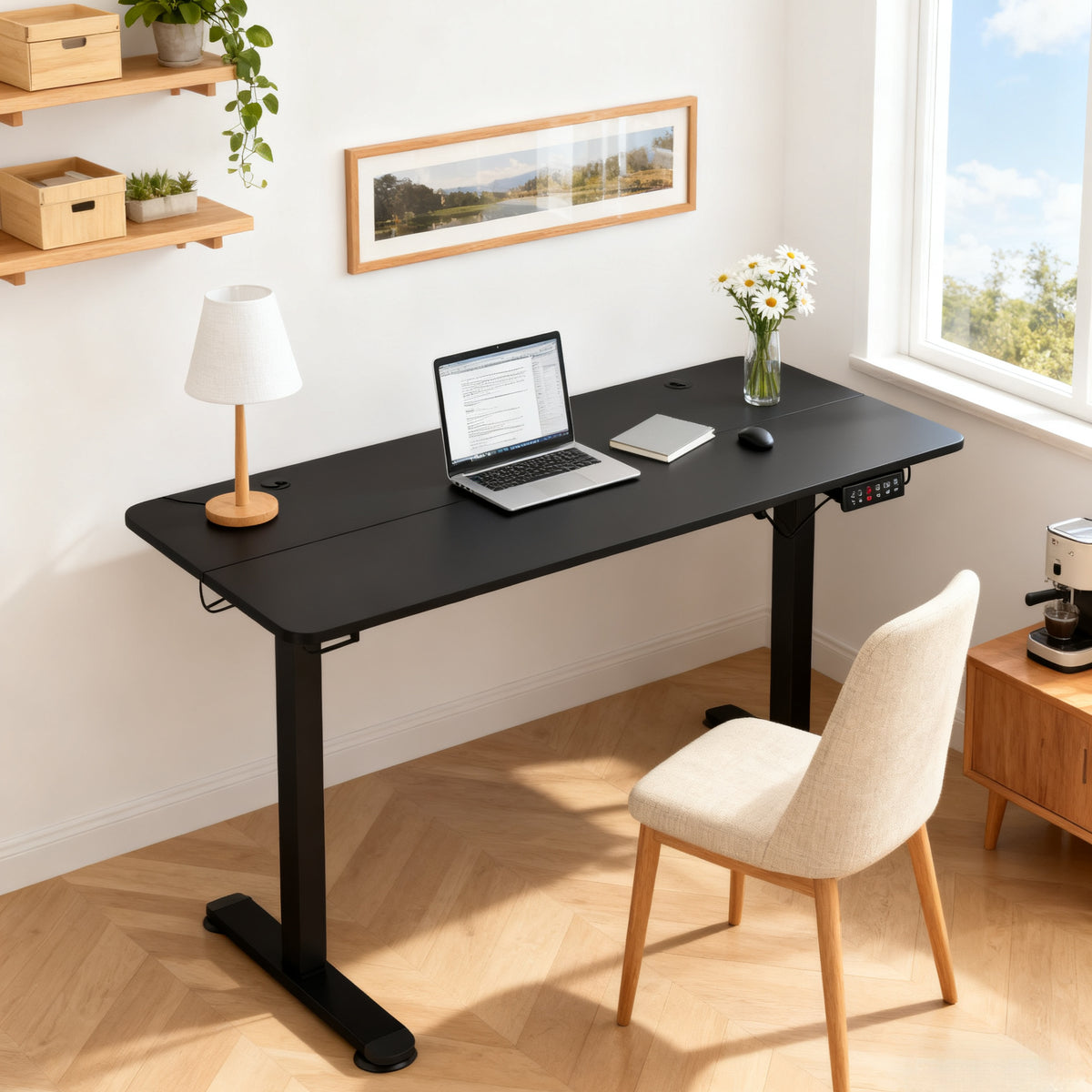 Table de bureau électrique réglable en hauteur 140x70x72-116 cm Steh-Sitz Schreibtisch avec anti-collision, stockage et cadre en acier noir