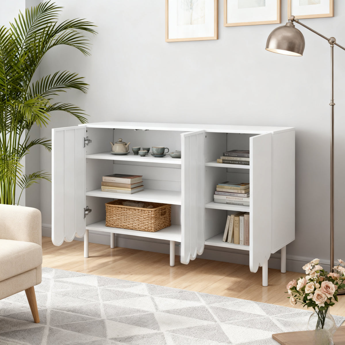 Sideboard moderne blanc 120x35x80 cm avec portes ondulées, grifflos et rayons réglables, idéal pour salon flur et salle à manger