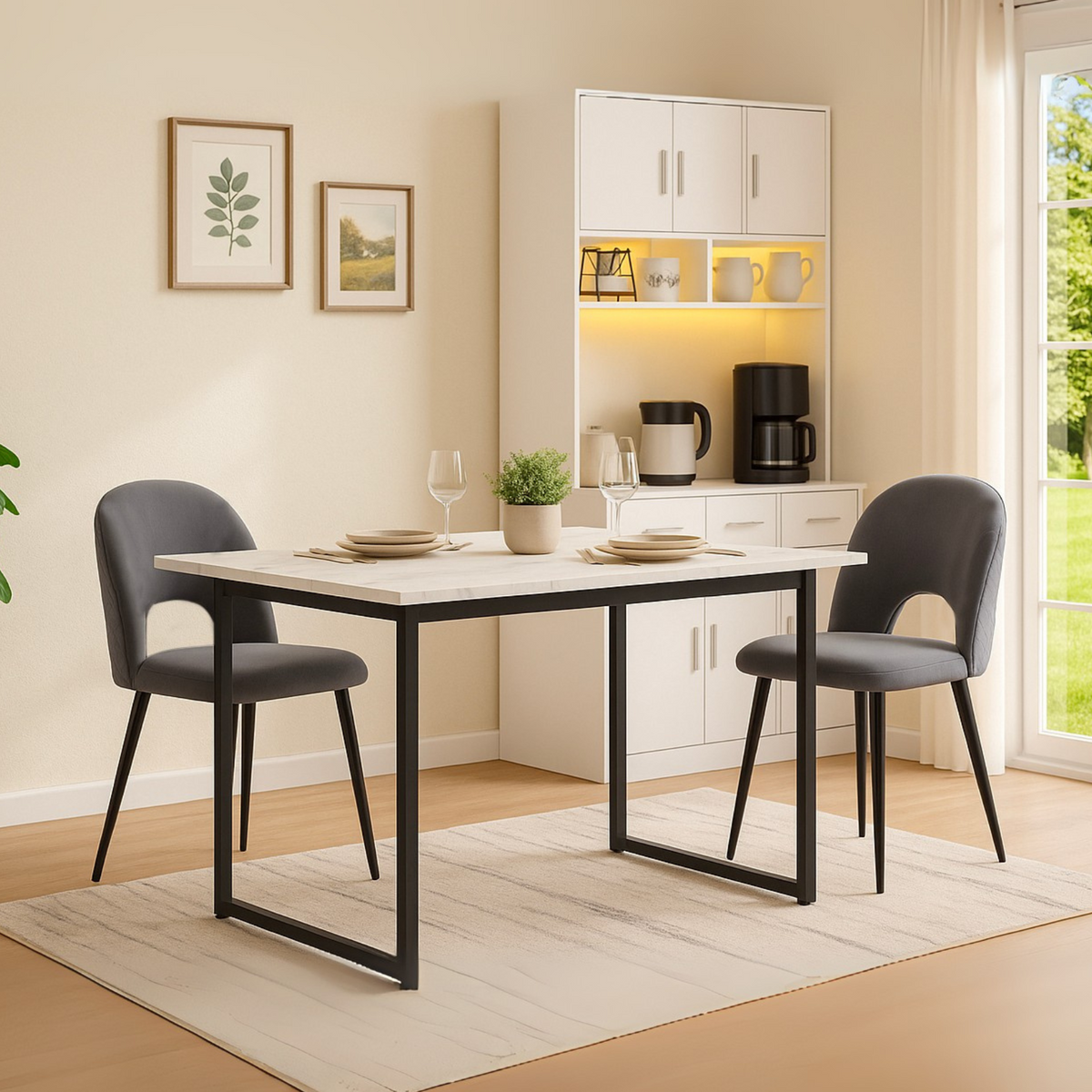 Ausziehbarer Esstisch 140/180 x 80 x 75 cm mit MDF-Platte in weißem Marmoreffekt und schwarzen Metallbeinen