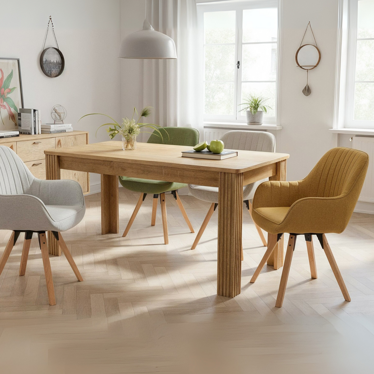 Rectangular dining table in particle panels finish oak with four robust feet