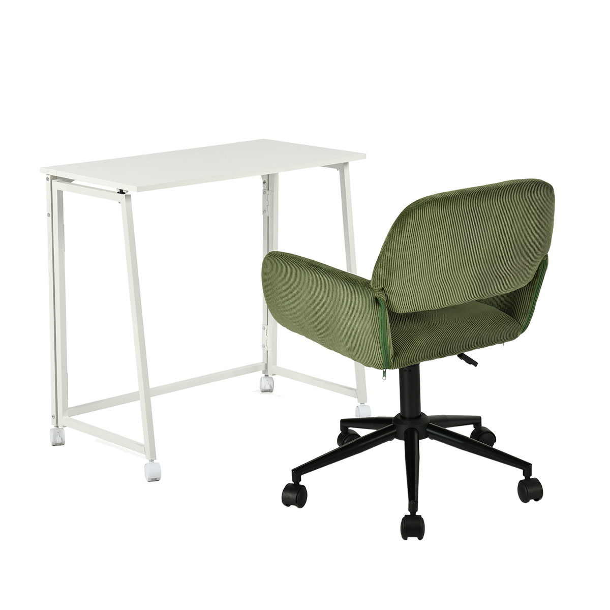 Ensemble avec bureau pliable blanc à roulettes et fauteuil en velours côtelé vert olive - ASCOLI & ROSS